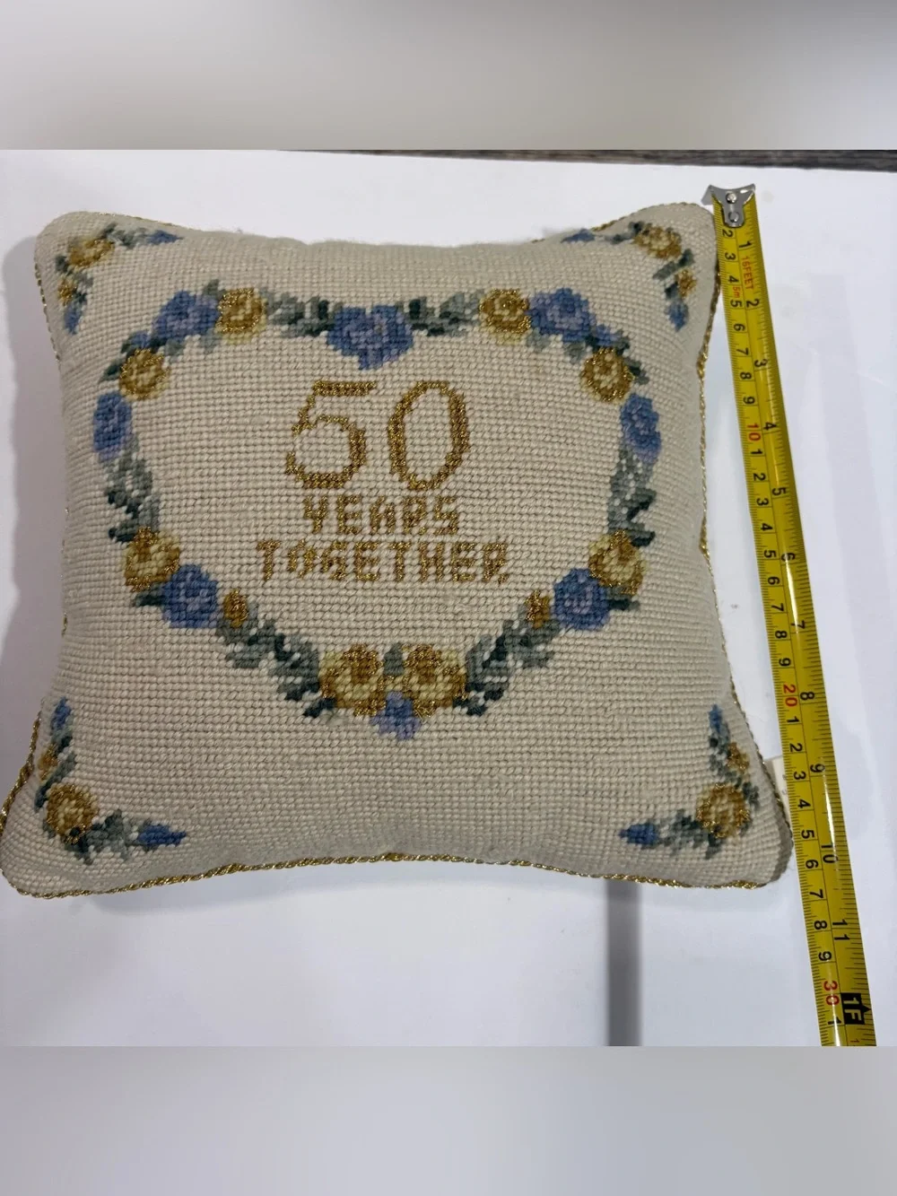 Vtg Lillian Vernon Needlepoint Floral Throw Pillow 50 Years Together Velvet Wool